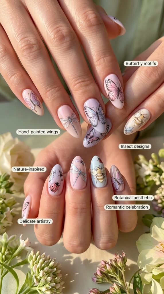 Delicately whimsical butterfly and insect motif nails featuring intricately hand-painted butterflies, dragonflies, bees, and winged creatures in coordinating soft pastel colors on pale bases, detailed wing patterns, anatomical accuracy, and nature-celebrating aesthetic showcasing romantic garden beauty.





