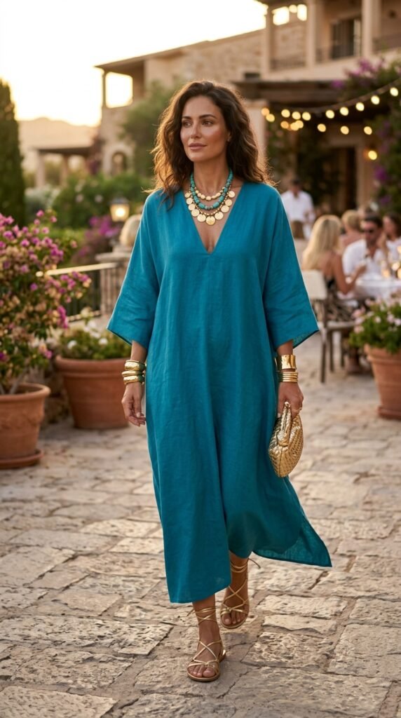 Woman in flowing caftán dress with metallic gold sandals, bangles, and statement necklace for elegant boho summer evening look.