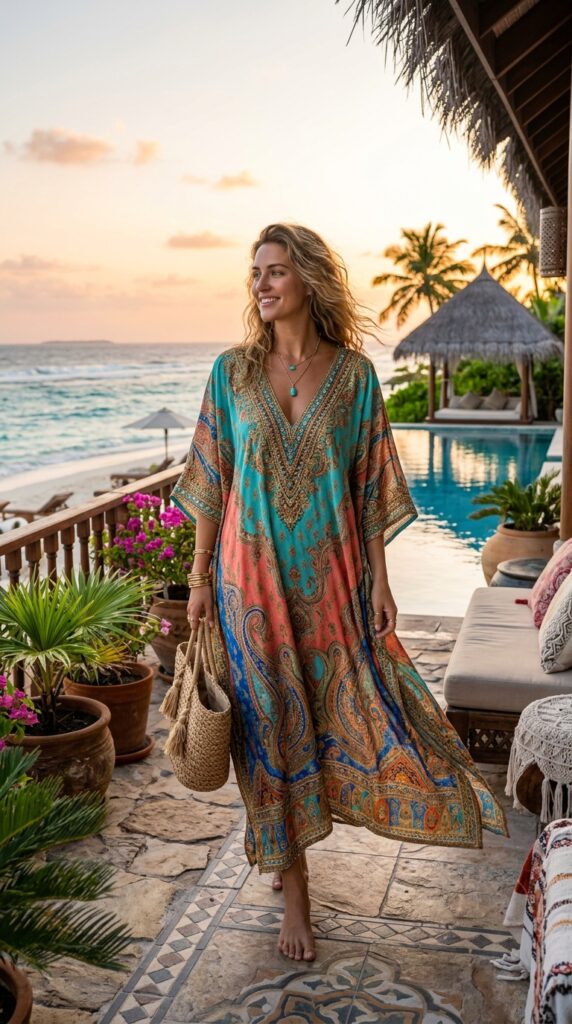Woman wearing an elegant flowing caftan with ethnic prints and embroidered details in a luxury resort setting showcasing sophisticated vacation cover-up styling.