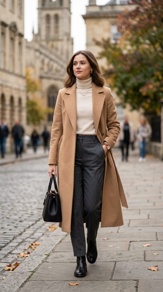 Classic camel coat outfit with a tailored neutral look, creating a timeless, elegant, and effortlessly chic winter fashion style