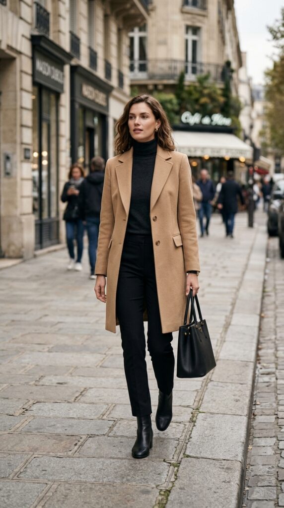 Camel coat styled with slim trousers, creating a clean, elegant, and timeless outfit with a modern neutral aesthetic