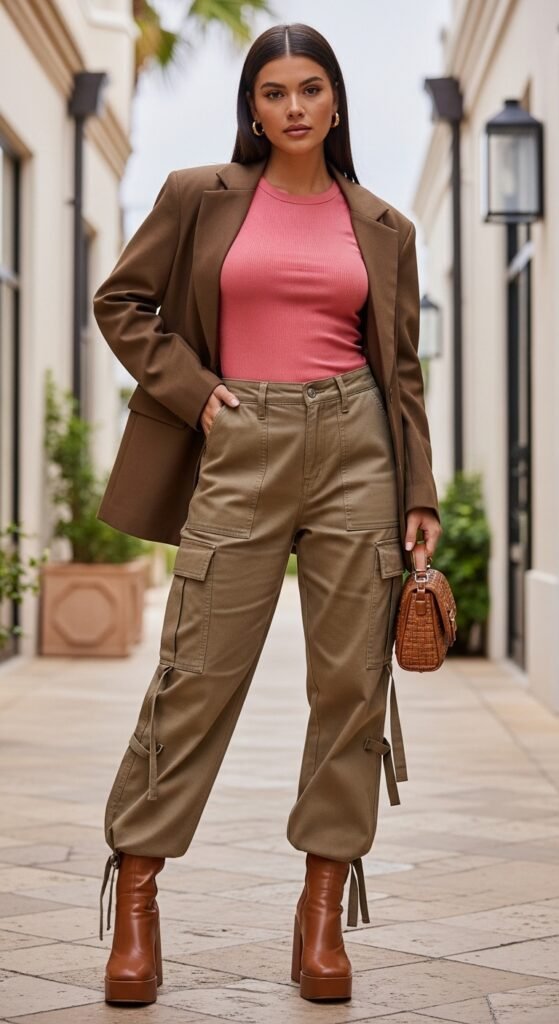 Elevated Y2K cargo outfit with pink top, brown jacket, and leather accessories.