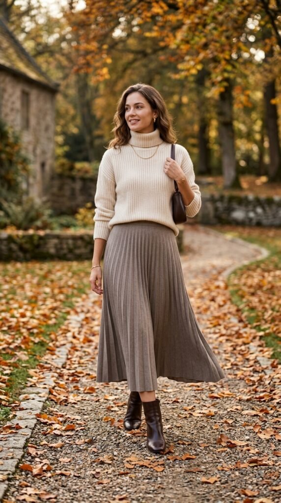 Cashmere sweater paired with a midi skirt, creating a cozy, elegant, and effortlessly chic outfit with soft textures and a refined silhouette