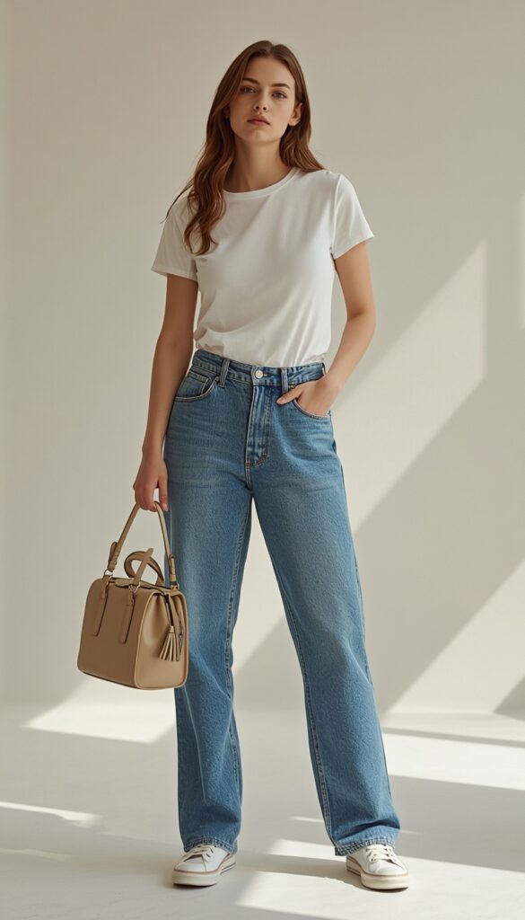 Model in casual jeans and a tee with a structured bowling bag, relaxed style, and soft natural lighting