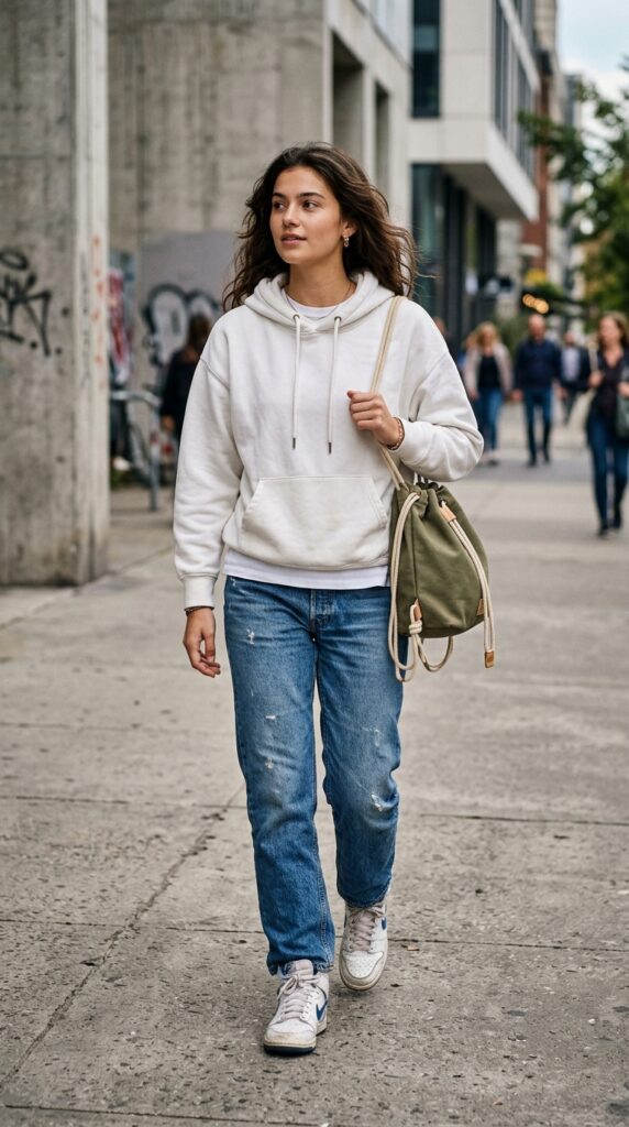 Model in a casual street style outfit with a drawstring pouch bag, relaxed fit, urban setting, and a trendy effortless look