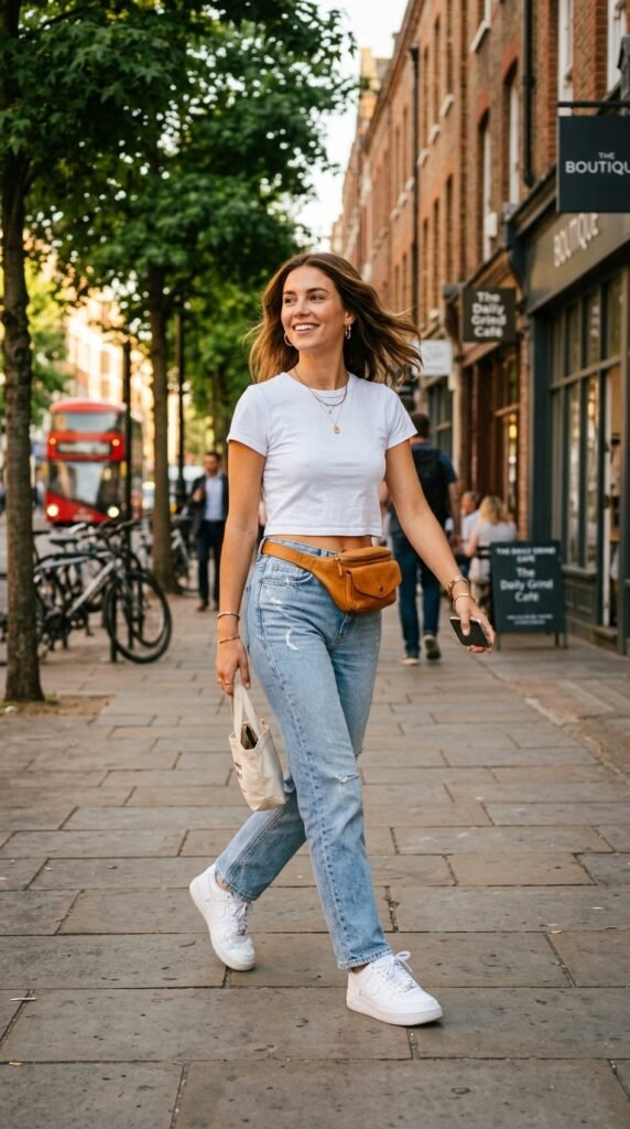 "Woman wearing a tan leather belt bag on her hips styled with high-waisted straight-leg jeans, a cropped white tee, and chunky sneakers for a casual street style look."






