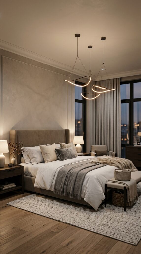 Bedroom with hanging pendant lights from the ceiling, warm glow, minimalist decor, and a modern cozy aesthetic