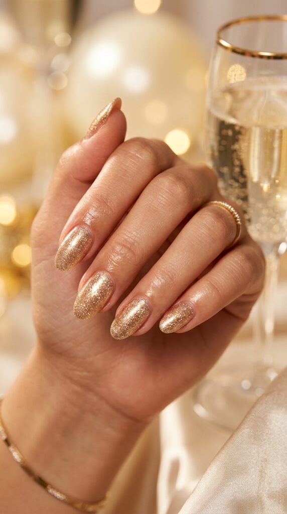 Luxuriously manicured oval-shaped nails coated in a warm champagne shimmer featuring delicate flecks of gold, pearl, and bronze that catch and reflect light beautifully, photographed against a soft ivory and gold bokeh background.