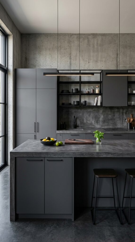 Charcoal gray and dark concrete kitchen with a modern industrial design, featuring bold textures, matte finishes, and a sleek minimalist aesthetic
