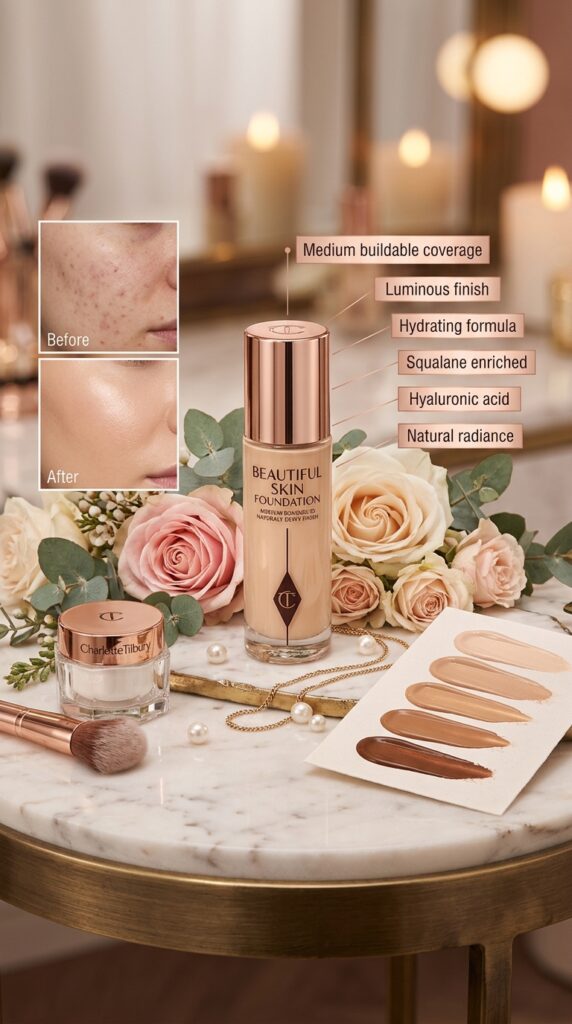 Luxurious product shot of Charlotte Tilbury Beautiful Skin Foundation in elegant bottle surrounded by garden roses, pearls, and gold-toned luxury elements, with swatches on diverse skin tones and a woman's stunningly luminous, airbrushed complexion demonstrating medium coverage and natural radiance.






