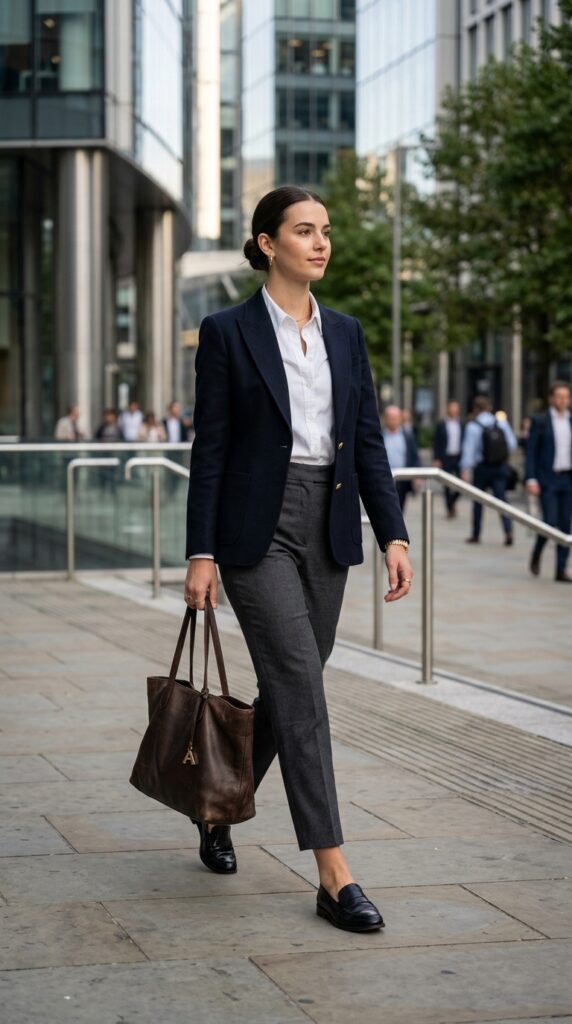 Model in a chic office outfit with a worn designer bag, polished silhouette, neutral tones, and a modern professional aesthetic