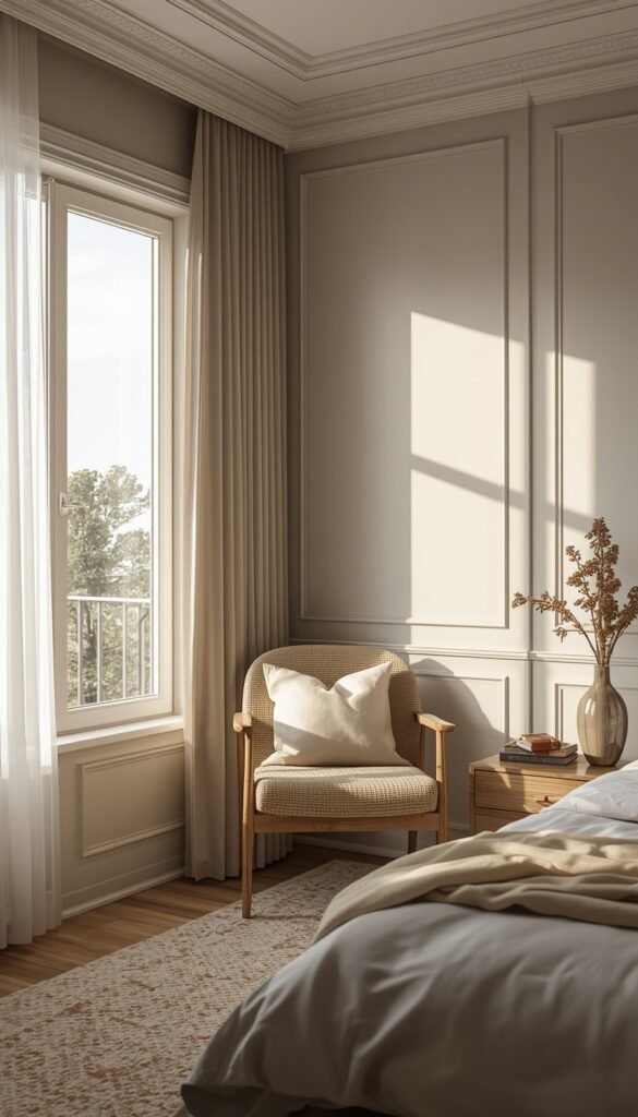 Cozy bedroom corner near a window with soft natural light, simple chair setup, and a calm minimal reading nook aesthetic