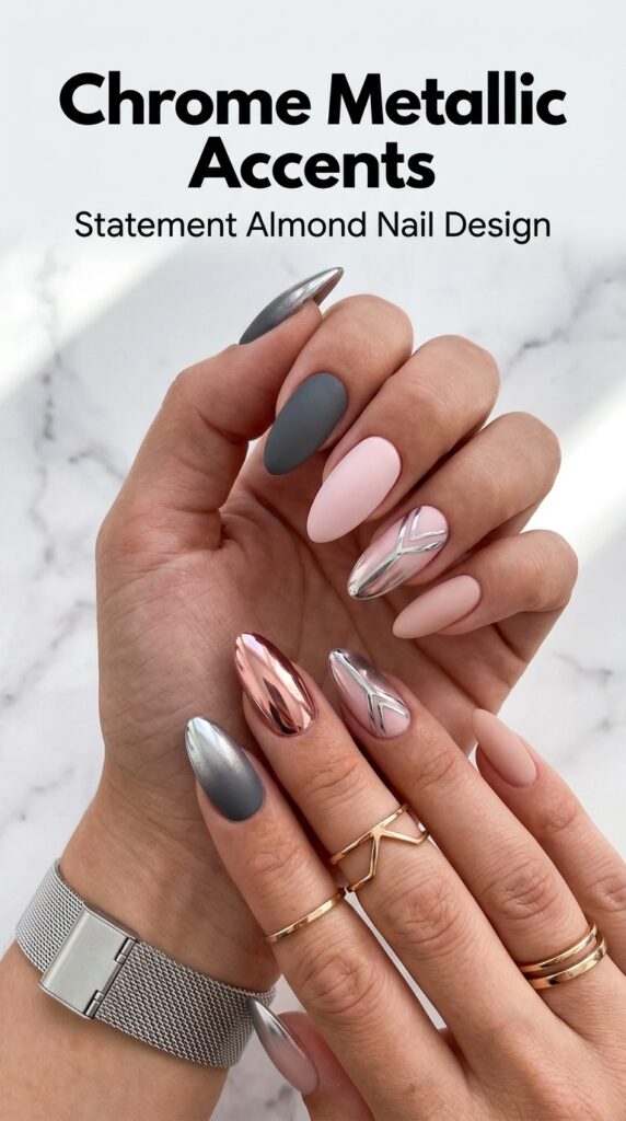 Almond nails with rose gold and silver chrome metallic accents creating dramatic reflective shine for modern statement nail design






