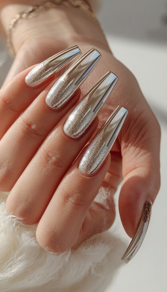 Close-up of coffin nails with chrome metallic finish, reflective shine, and a bold futuristic aesthetic