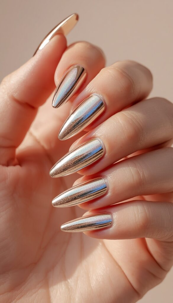 Close-up of press-on nails with chrome metallic finish, reflective shine, and a bold futuristic aesthetic