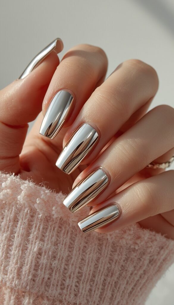 Close-up of square nails with chrome metallic finish, reflective shine, and a bold modern aesthetic