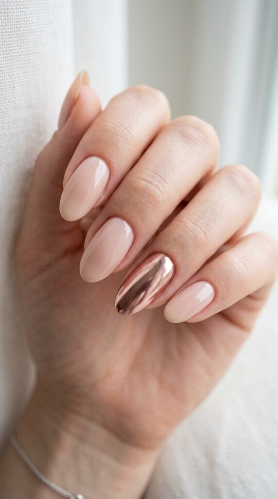 Chrome accent nails on oval nails with a glossy nude base and metallic accent, creating a modern and elegant manicure look