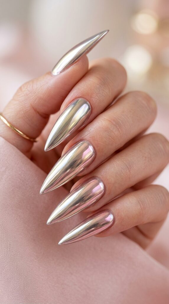 Chrome stiletto nails with a mirror-like metallic finish, sharp pointed shape, and a bold futuristic glamorous aesthetic