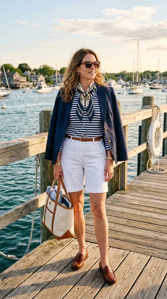 Woman wearing a classic nautical preppy outfit featuring a navy-and-white striped button-down tucked into white tailored shorts, brown leather loafers, navy linen blazer, and nautical silk scarf, standing on a wooden dock overlooking coastal waters with sailboats.






