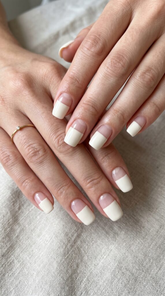 Hands with clean negative space nail design leaving bottom third of nails bare while polishing upper two-thirds creating modern architectural effect for contemporary minimalist summer manicure






