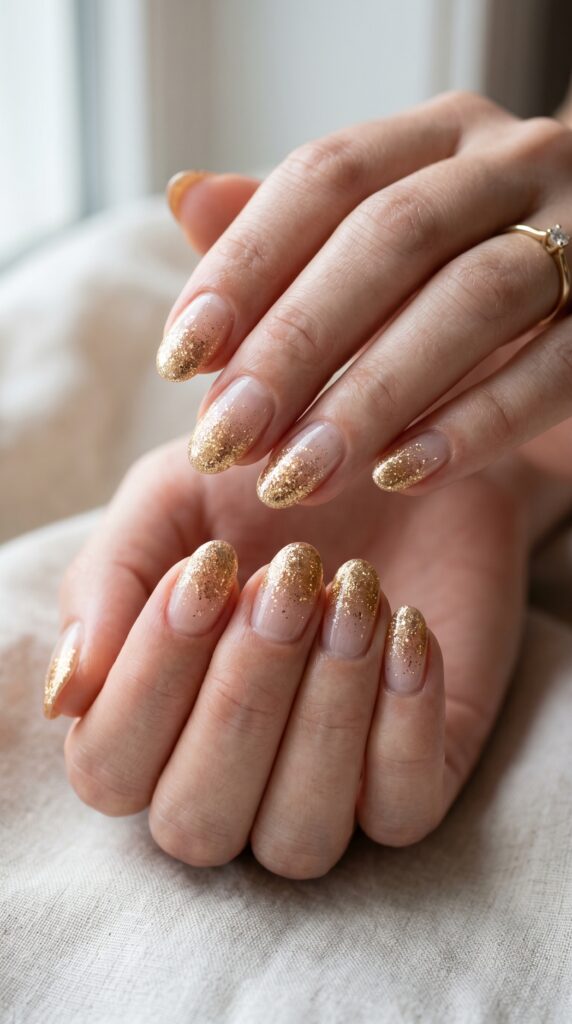 Hands with clear base transitioning to gold glitter tips showing elegant ombre gradient from transparent foundation to sparkling golden tips for sophisticated versatile summer manicure
