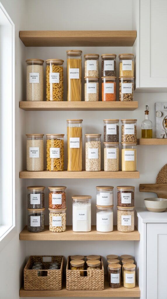 Clear container pantry with labeled jars and neatly organized shelves, creating a clean, aesthetic, and highly functional kitchen storage system