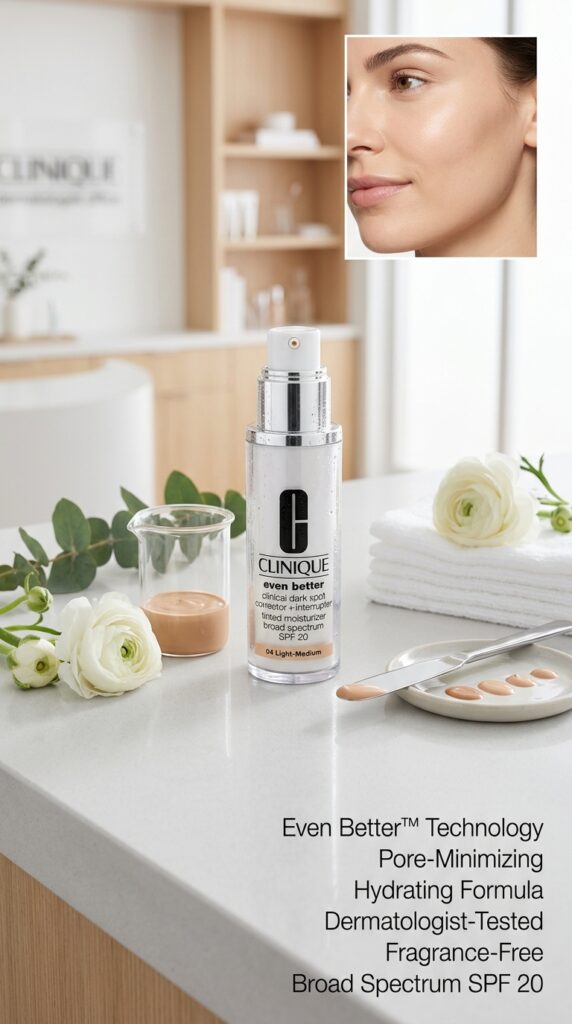 Clean product shot of Clinique Even Better Tinted Moisturizer in minimalist dermatologist-approved bottle surrounded by fresh elements and skincare products, with before-and-after comparison and swatches showing minimized pores, even tone, refined texture, and improved complexion quality.






