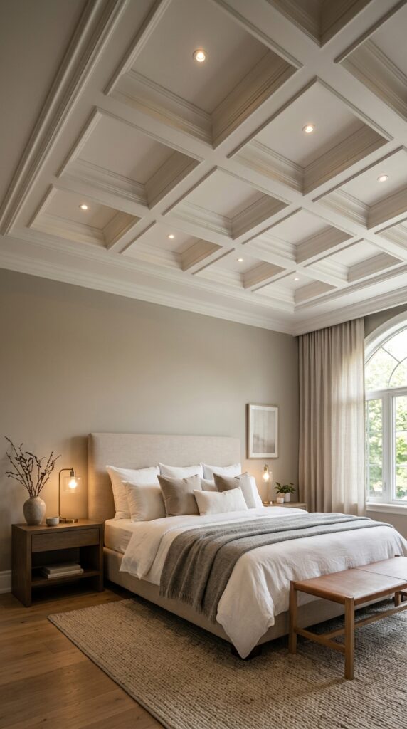 Bedroom with a coffered ceiling featuring grid panels, soft lighting, neutral tones, and a luxurious elegant aesthetic