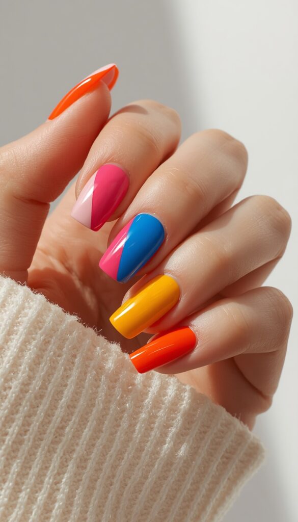 Close-up of square nails with color block design, vibrant shades, glossy finish, and a trendy summer aesthetic