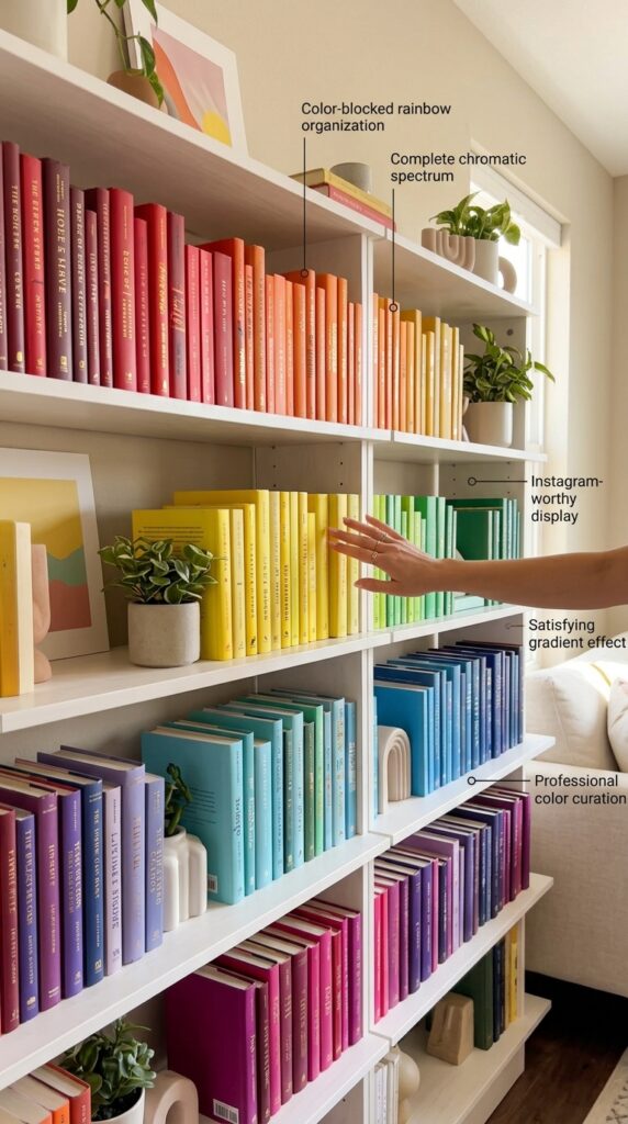 Vibrant color-blocked rainbow-organized bookshelf displaying books arranged in perfect chromatic spectrum from red through orange, yellow, green, blue, purple, and magenta across multiple shelves, with strategic decorative objects and negative space creating a stunning, Instagram-worthy gradient display.






