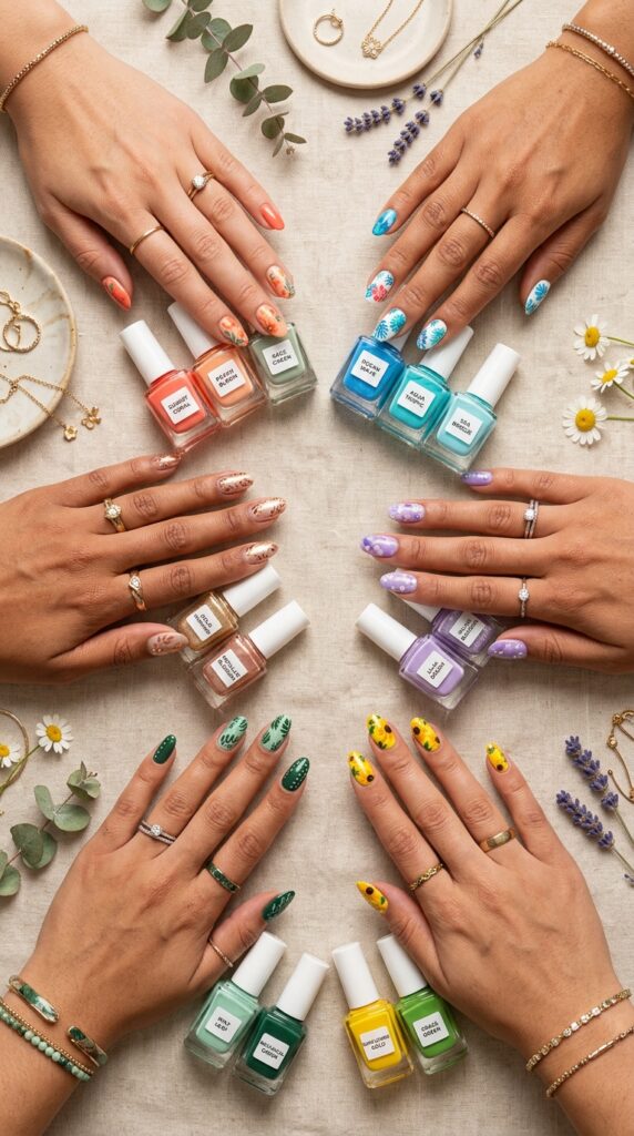 Collection of hands displaying summer 2026 floral nail art in six distinct color palettes including coral sunset, ocean blue, romantic lavender, sunshine yellow, monochromatic green, and metallic accents.