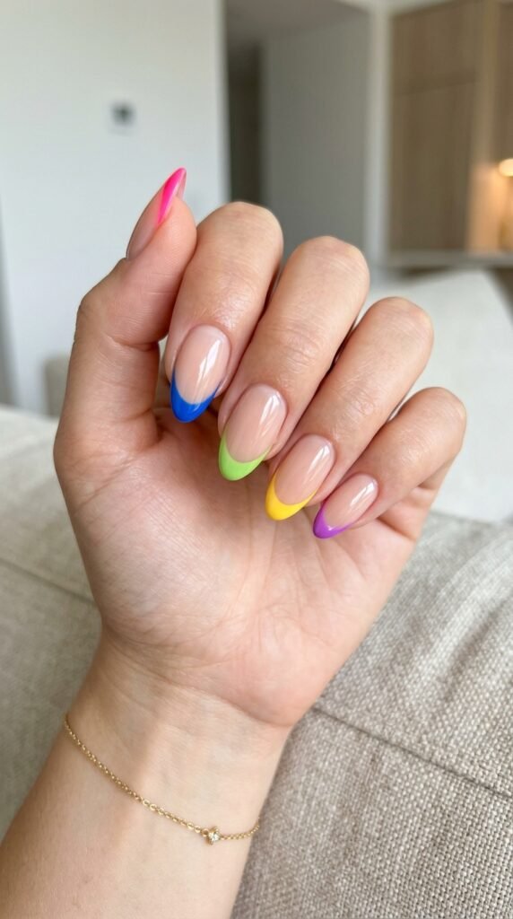 Colored French tip nails with vibrant bold tips and a nude base, creating a trendy, playful, and eye-catching modern manicure look