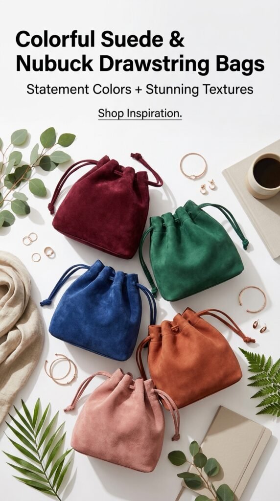 "Collection of colorful suede and nubuck drawstring pouches in jewel tones (burgundy, emerald, sapphire), warm earths (terracotta, mustard), and pastels (sage, rose) arranged on white background with gold jewelry and styling accessories, showcasing soft texture and vibrant 2026 bag color trend inspiration"




