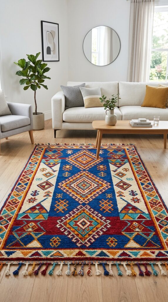Colorful Moroccan or geometric pattern rug with vibrant designs and bold colors, creating a stylish, eye-catching, and modern boho interior look
