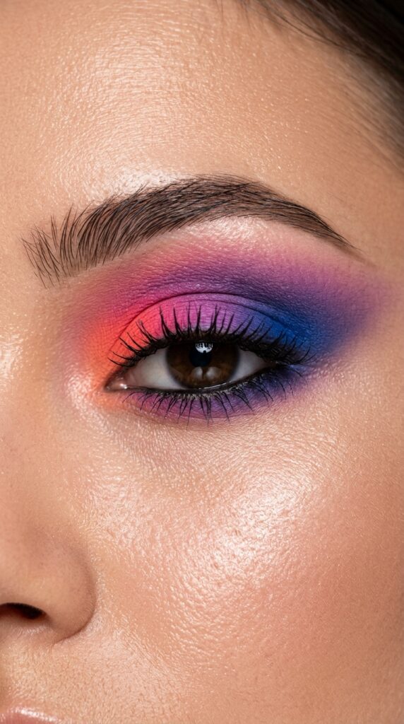 Colorful smokey eye with vibrant blended shades, soft edges, and a bold dramatic summer makeup aesthetic