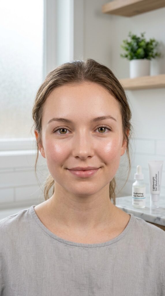Combination skin with a balanced matte and dewy finish, showcasing a natural glow with controlled shine and hydrated texture in a clean skincare aesthetic