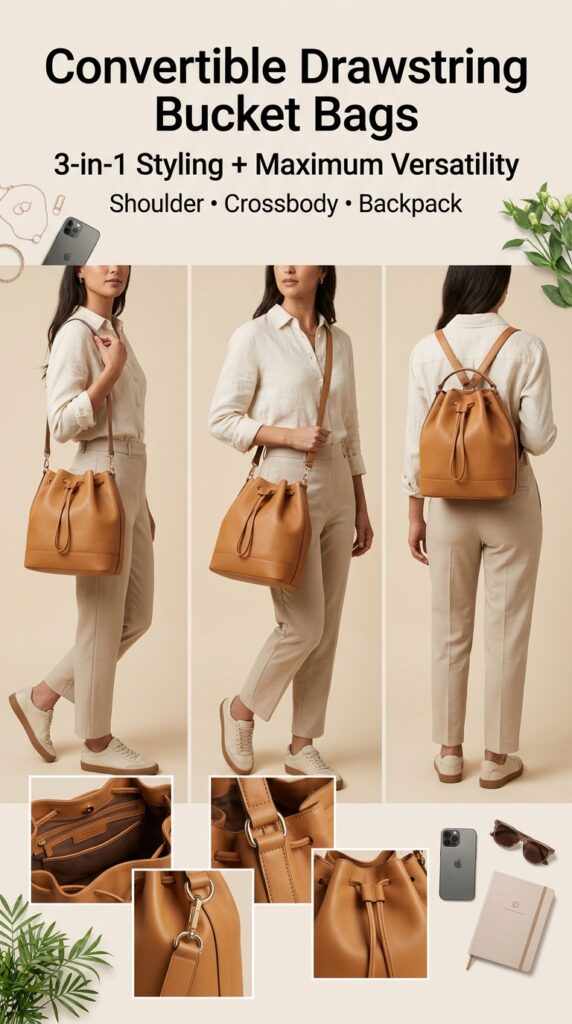 "Luxury convertible drawstring bucket bag shown in three wearing styles—shoulder carry, crossbody strap, and backpack configuration—in camel leather with quality hardware, styled with neutral clothing and daily essentials on white background, demonstrating 3-in-1 versatility and functional design innovation"