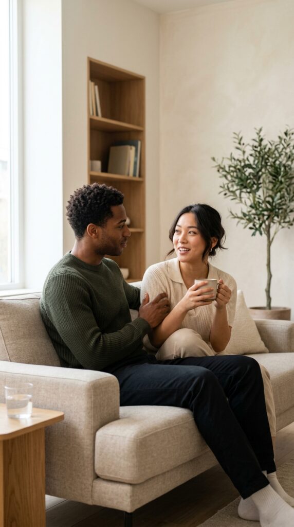 Couple connecting and understanding each other’s love language, showing emotional bonding, communication, and a warm, supportive relationship