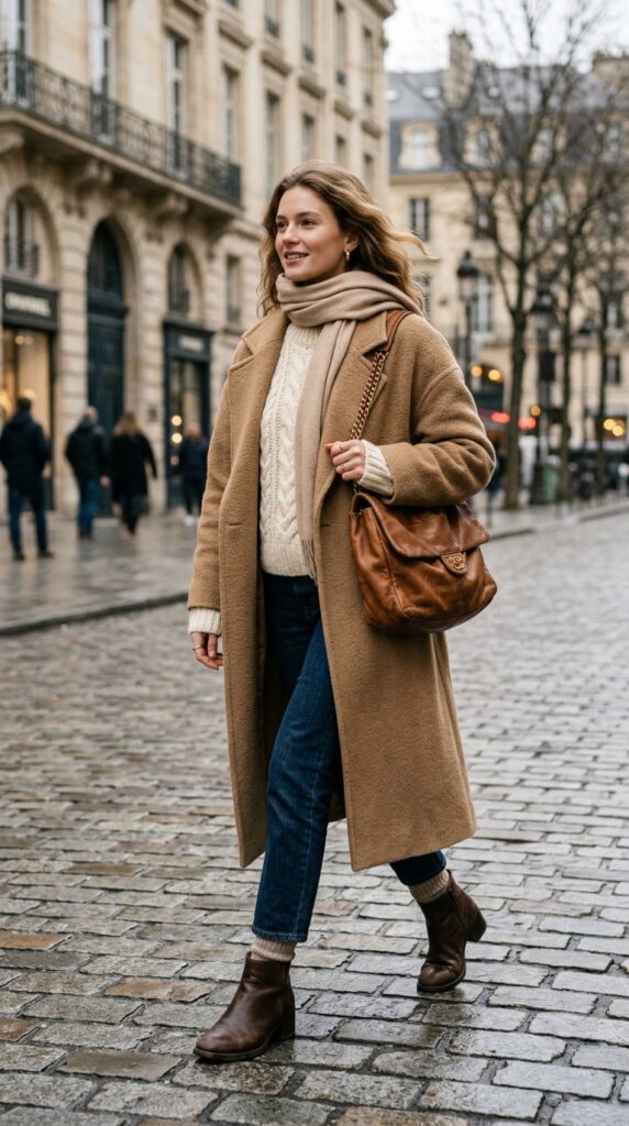 Model in a cozy layered outfit with a worn designer bag, warm textures, neutral tones, and a stylish winter aesthetic
