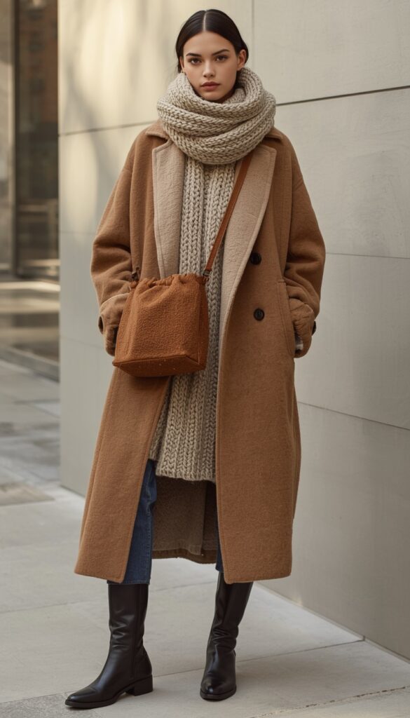 Model in cozy winter layers with a drawstring pouch bag, warm textures, neutral tones, and a stylish seasonal look