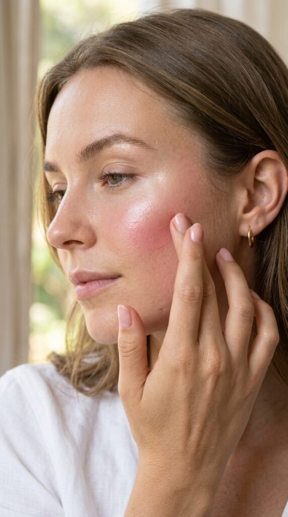 Close-up of cream blush and highlighter applied on glowing skin, soft rosy cheeks, and a radiant dewy finish