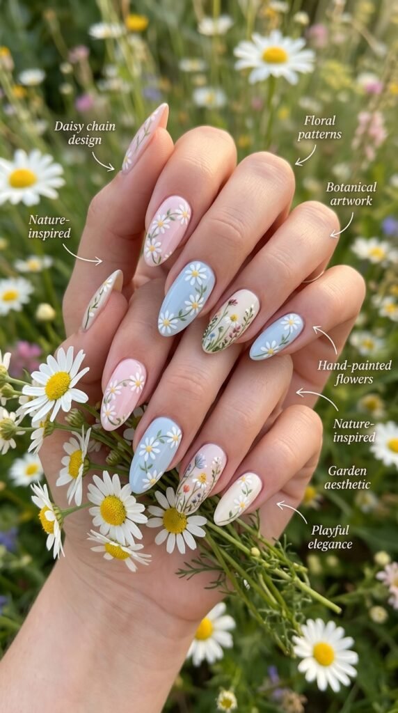 Charming daisy chain and floral pattern nails featuring continuous hand-painted botanical designs with repeating simple daisies, connecting stems and leaves, scattered wildflowers in soft pastels creating flowing garden-inspired patterns, and whimsical nature-celebrating aesthetic across multiple nails.






