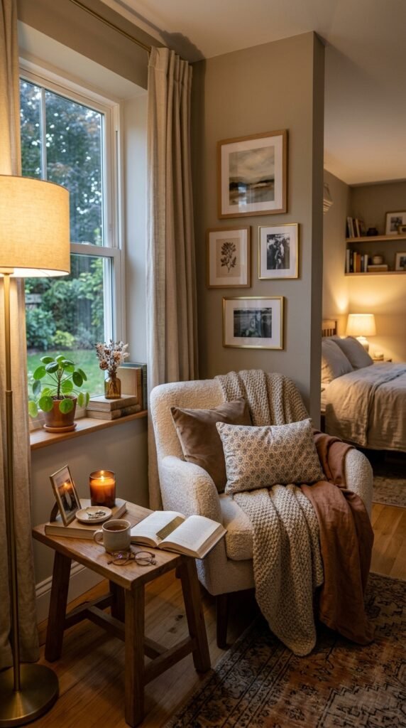 Cozy reading nook with personal decor like plants, candles, and artwork, soft lighting, and a warm inviting personalized aesthetic