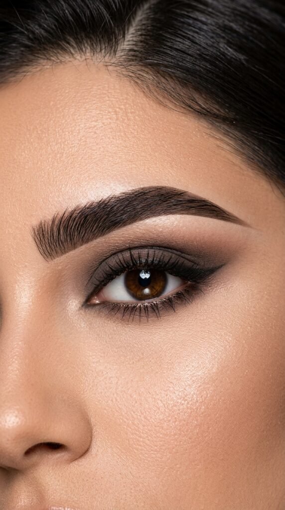 Bold defined brows with sharp structure and full coverage, creating a dramatic, polished, and high-impact eyebrow look
