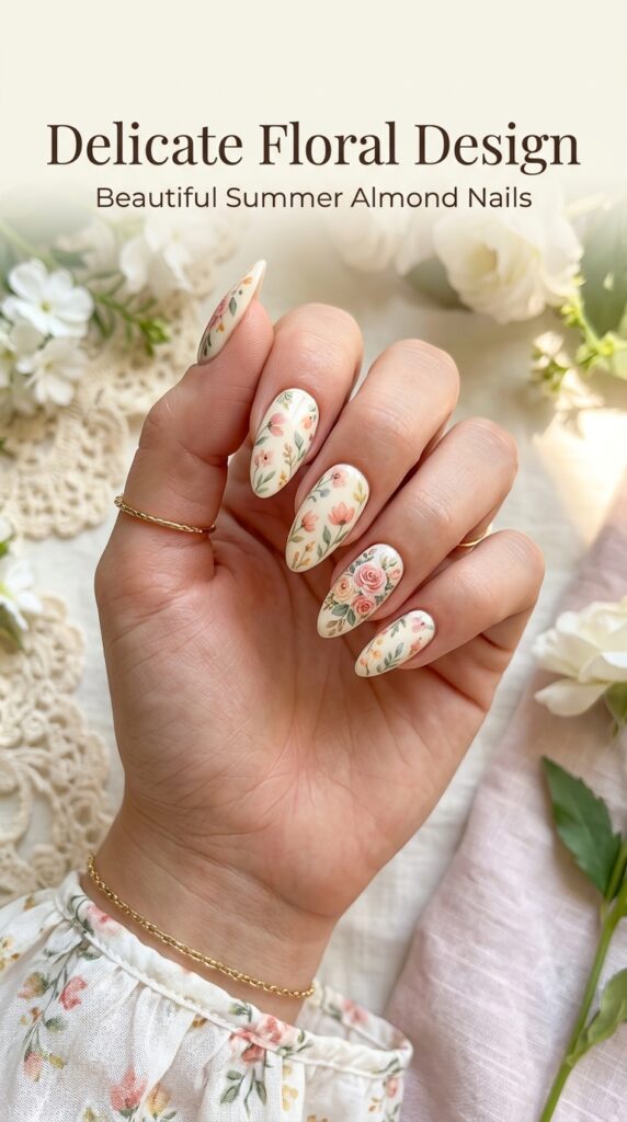 Almond nails with delicate hand-painted floral nail art in soft pastels featuring tiny flowers and leaves for romantic summer design






