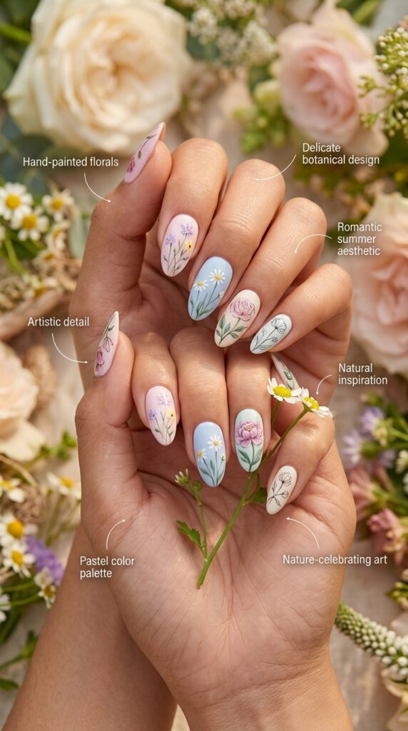 Beautifully artistic delicate floral pastel nail designs featuring hand-painted tiny flowers including wildflowers, daisies, roses, and peonies in soft pastel colors on pale bases with botanical elements, leaves, and stems demonstrating skilled nail art technique and romantic summer aesthetics.




