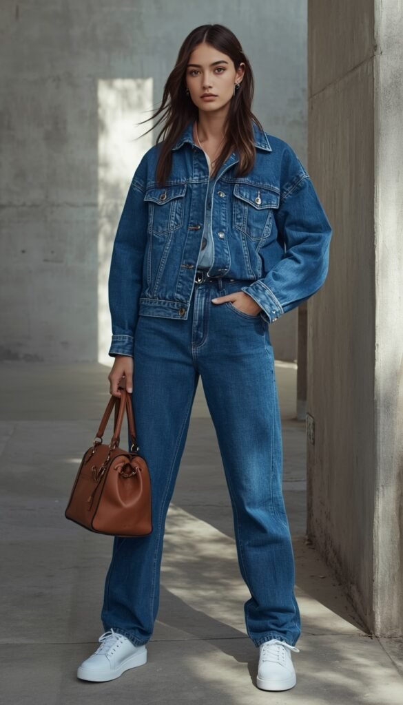 Model in a denim-on-denim outfit with a bowling bag, casual street style, modern silhouette, and soft natural lighting