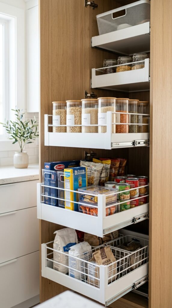 Pull-out drawer baskets and bins in a kitchen pantry, creating an organized, accessible, and modern storage system with clean and functional design