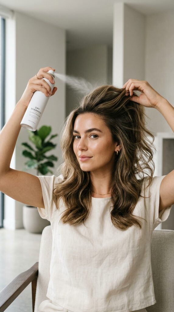 Woman using dry shampoo for volume, lifted roots, fresh textured hair, and a clean natural look