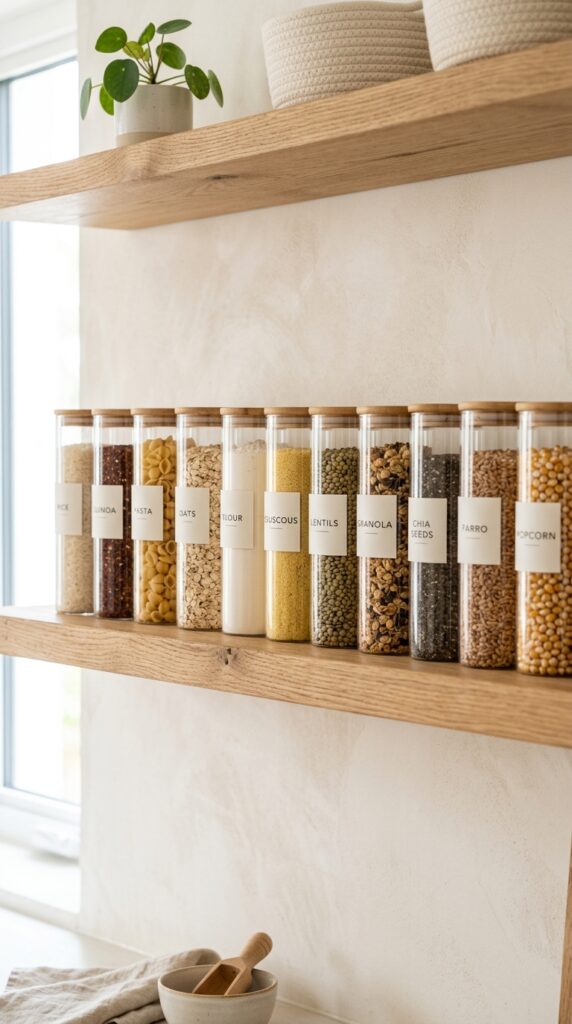 Decanted dry goods system with clear labeled containers, creating a clean, organized, and aesthetically pleasing pantry setup